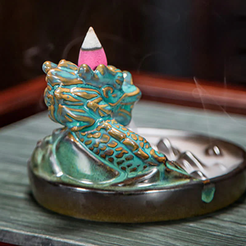 Buddha Stones Dragon Pattern Ceramic Backflow Smoke Fountain Incense Burner Decoration