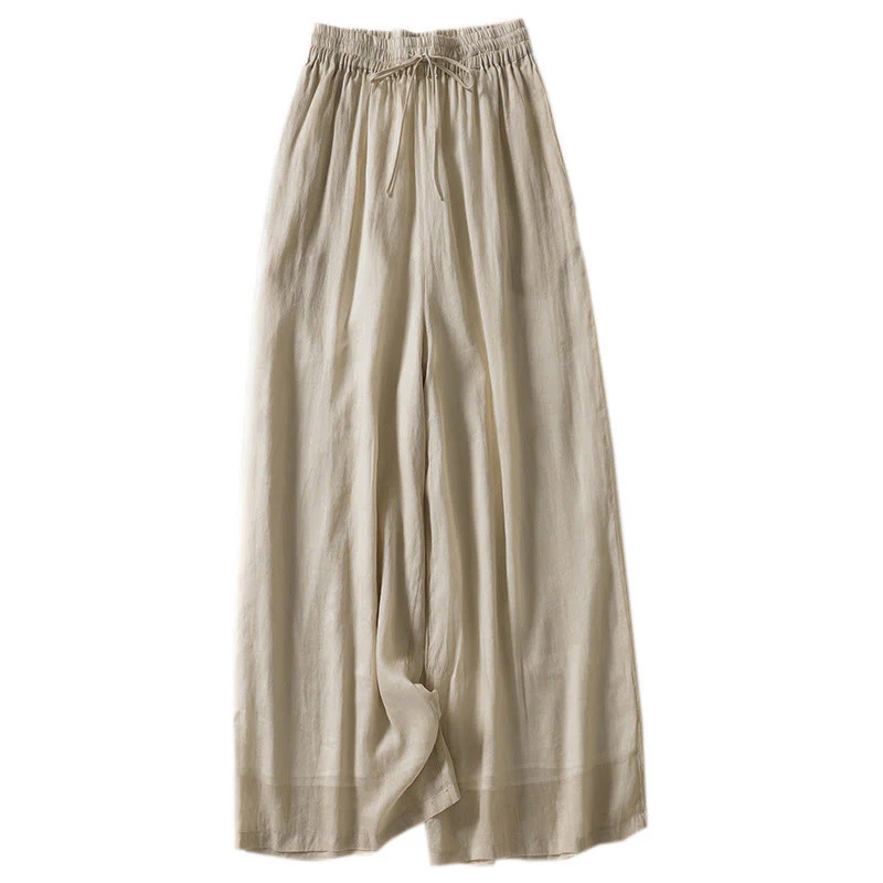 Buddha Stones Casual Drawstring Cotton Linen Ankle-Length Women's Wide Leg Pants With Pockets