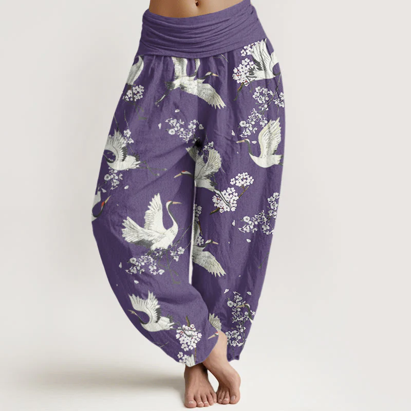 Buddha Stones Casual Elegant Crane Flower Pattern Women's Elastic Waist Harem Pants