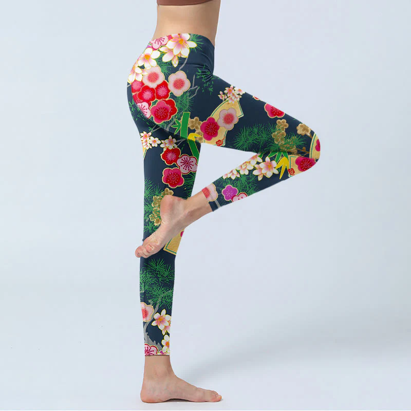 Buddha Stones Cherry Blossoms Bamboo Pine Tree Print Gym Leggings Women's Yoga Pants