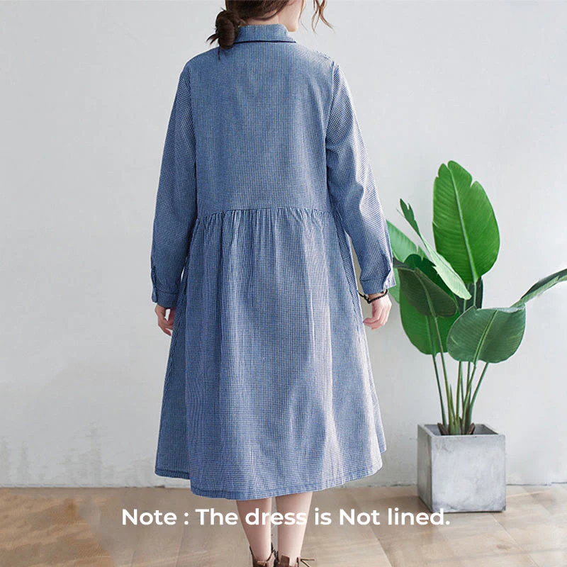 Buddha Stones Small Grid Pattern Cotton Linen Women's Midi Dress With Pockets