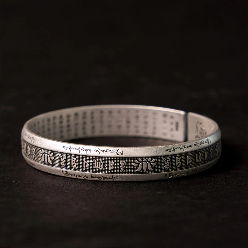 Buddha Stones Om Mani Padme Hum Heart Sutra Mantra Lotus Peace Meditation Cuff Bracelet Bangle