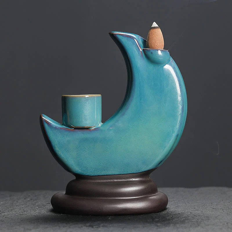 Buddha Stones Blue Crescent Moon Ceramic Backflow Smoke Fountain Meditation Candlestick Incense Burner Decoration