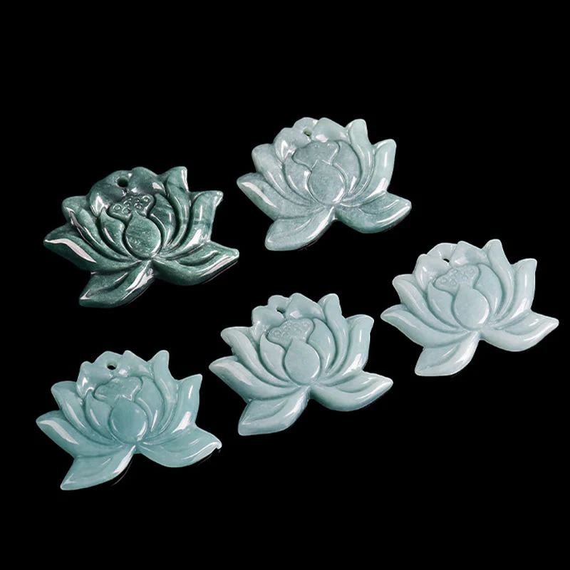 Buddha Stones Lotus Flower Pattern Carved Jade Prosperity Necklace Pendant
