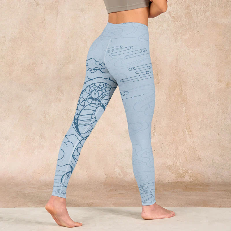 Buddha Stones Blue Soaring Dragon Swirling Clouds Print Gym Leggings Women's Yoga Pants