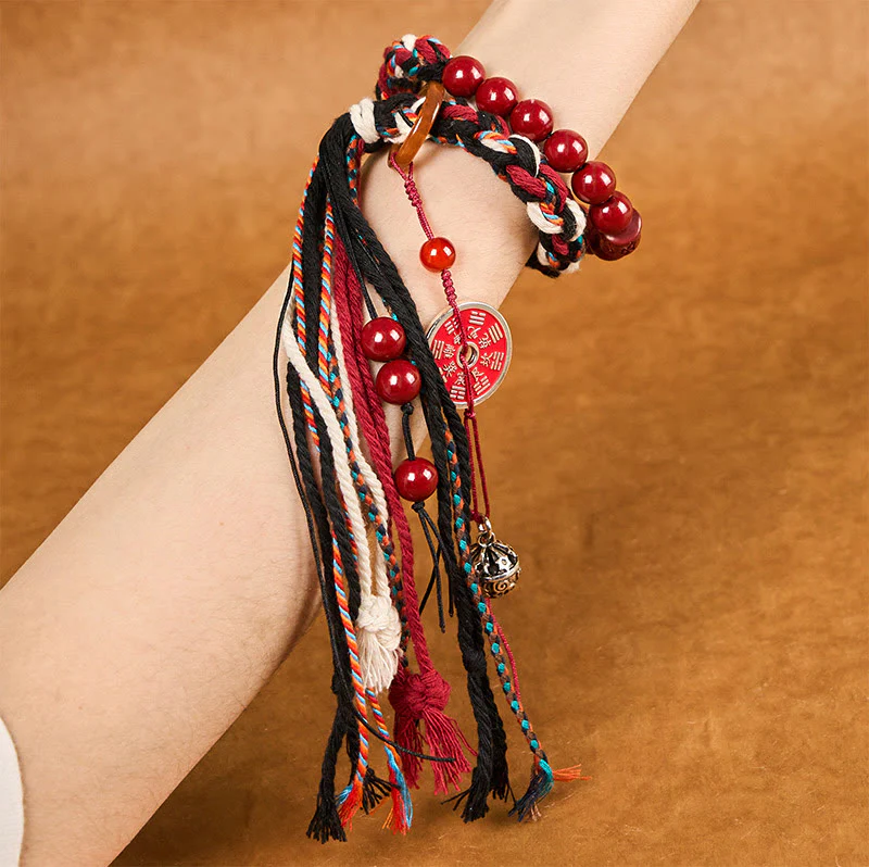 Buddha Stones Tibetan Mountain Ghosts Spend Money Cinnabar Double-Layer Red Rope Tassel Protection Bracelet