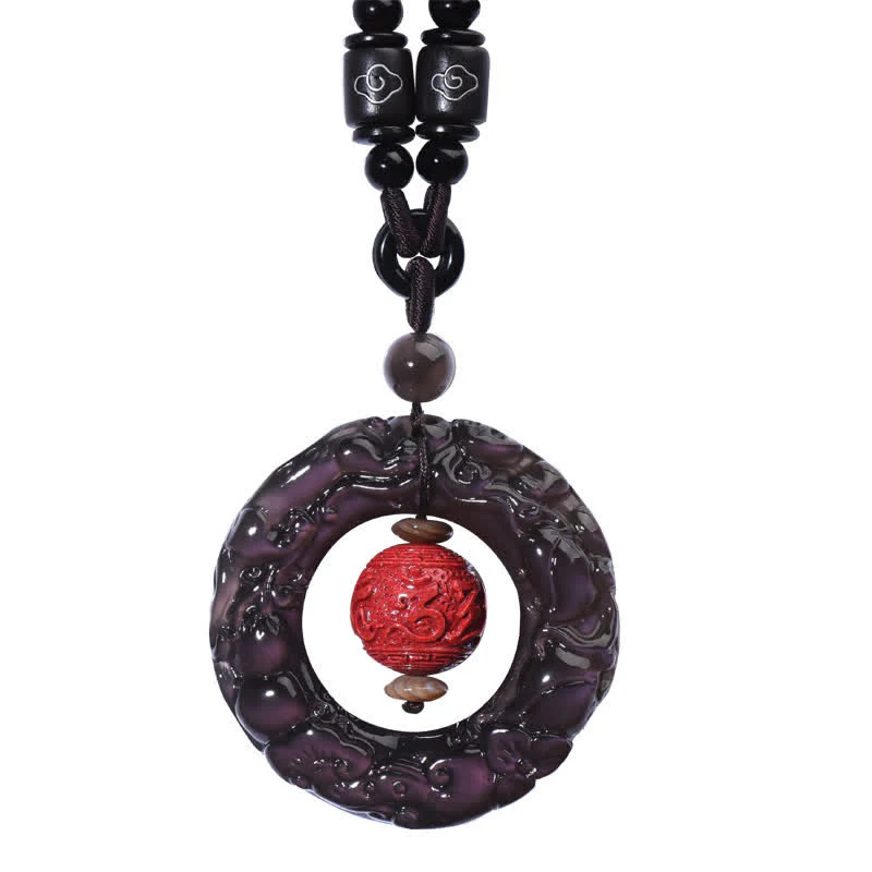 Buddha Stones FengShui Natural Rainbow Obsidian PiXiu Cinnabar Healing Necklace Pendant