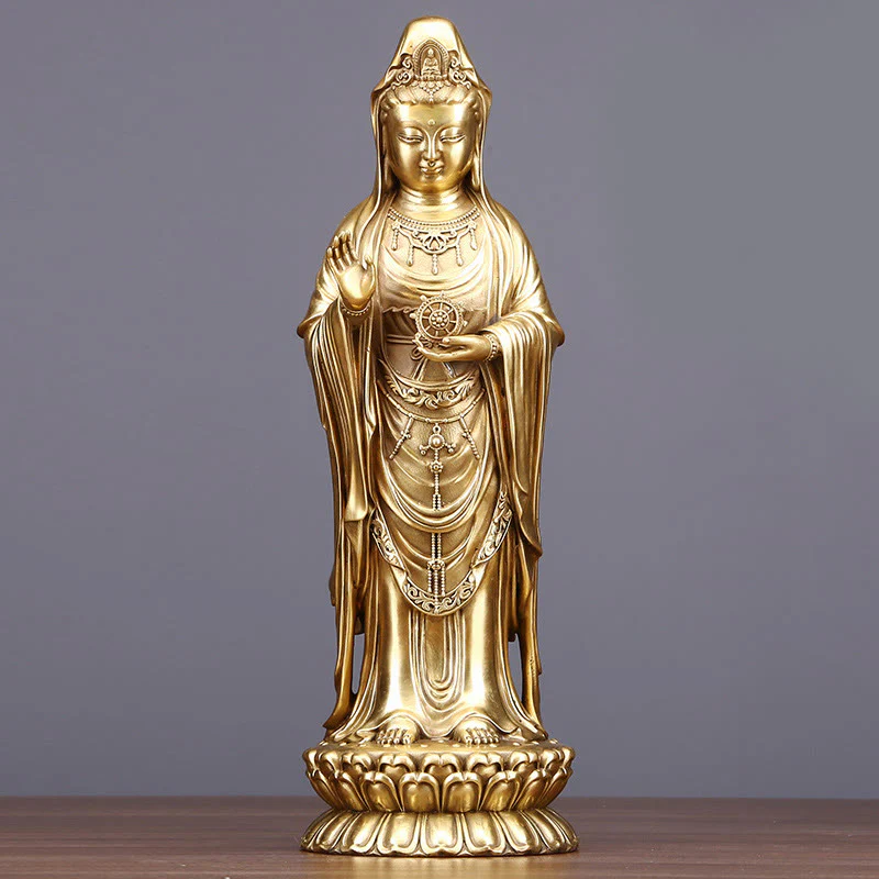 Buddha Stones Kwan Yin Avalokitesvara Holding The Dharma Wheel Wealth Brass Copper Statue Decoration