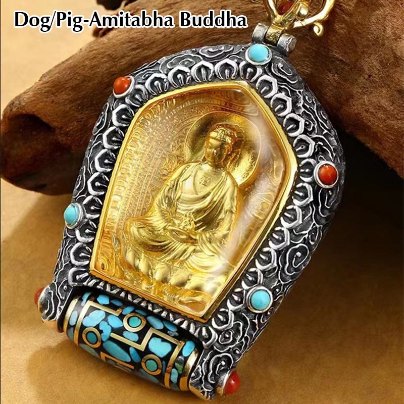 Buddha Stones Tibet Chinese Zodiac Natal Buddha Thangka Prosperity Rotatable Dzi Bead Necklace Pendant