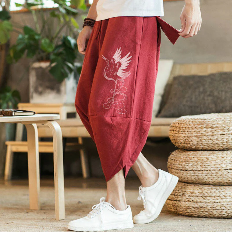 Buddha Stones White Crane Clouds Embroidery Cotton Linen Men's 7-8 Length Harem Pants With Pockets