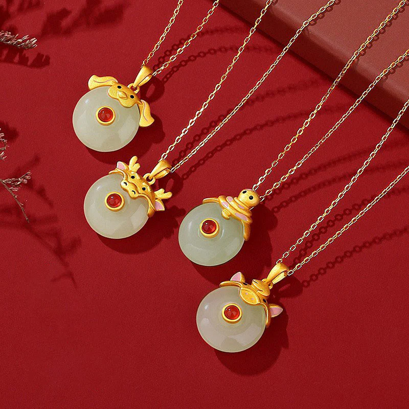 Buddha Stones 925 Sterling Silver Hetian Jade Chinese Zodiac Year of the Dragon Red Agate Luck Protection Necklace Pendant