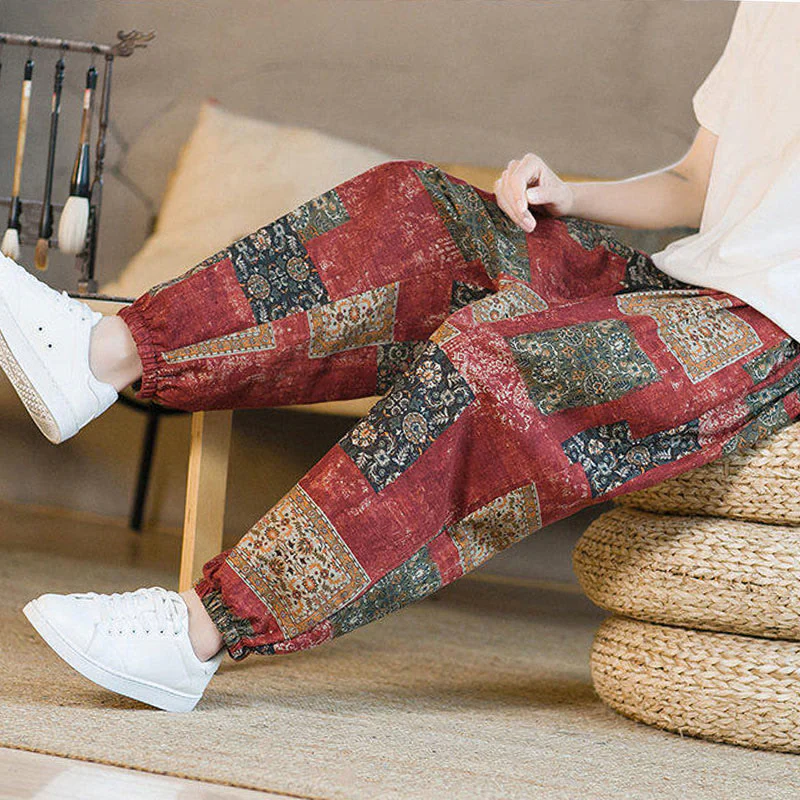 Buddha Stones Summer Square Patchwork Cotton Linen Men's Ankle-Length Harem Pants With Pockets