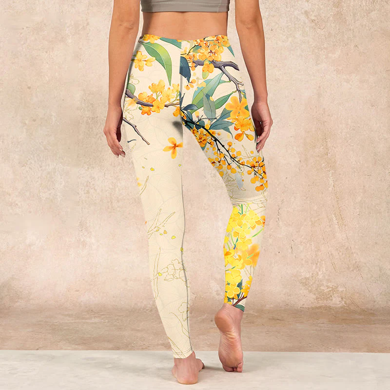 Buddha Stones Yellow Osmanthus Fragrans Rapeseed Print Gym Leggings Women's Yoga Pants