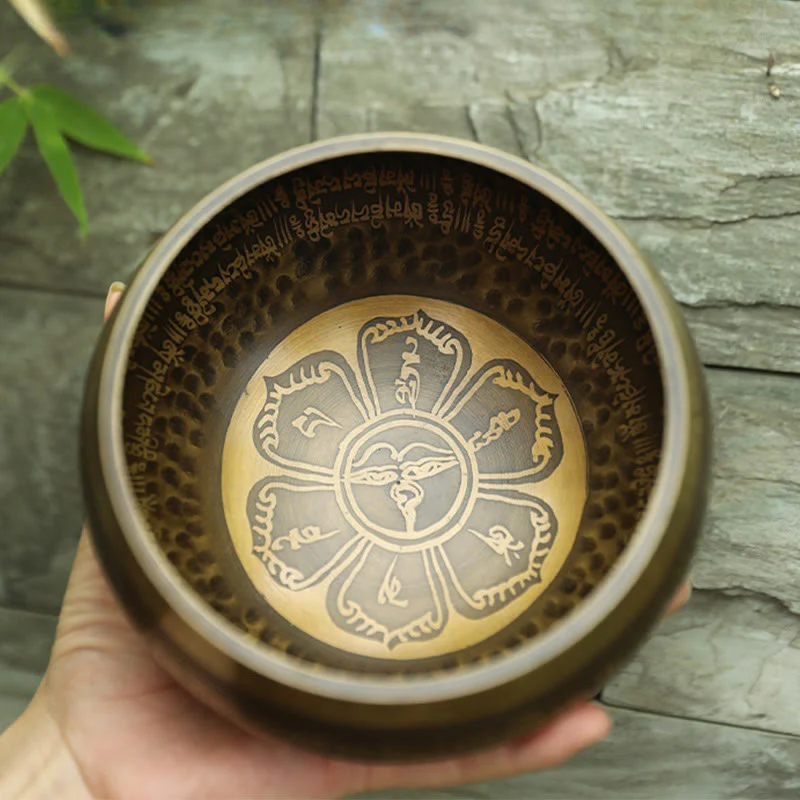 Buddha Stones Handmade Singing Bowl Scripture Sanskrit Pattern for Healing and Meditation Sound Bowl Set