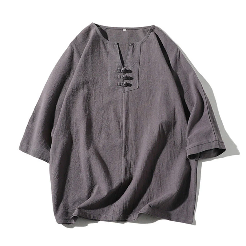 Buddha Stones 2Pcs Plain Notched Collar T-Shirt 7-8 Length Wide Leg Shorts With Pockets Cotton Linen Men's Meditation Cloth Set