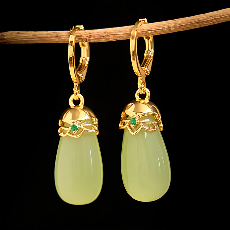 Buddha Stones Green Chalcedony Water Drop Strength Copper Posts Earrings