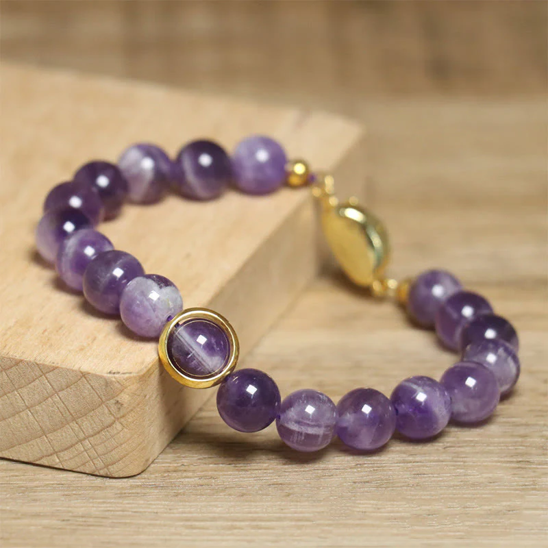 Buddha Stones Natural Amethyst Beads Balance Relieves Stress Buckle Bracelet