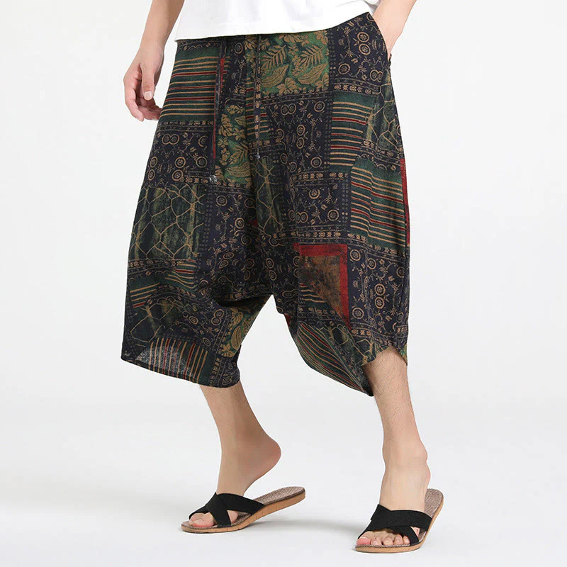 Buddha Stones Ethnic Pattern Drawstring 7-8 Length Cotton Men's Harem Pants With Pockets