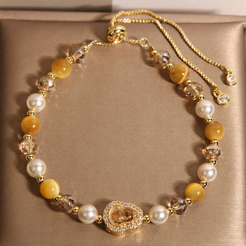 Buddha Stones Yellow Cat's Eye Stone Pearl Gourd Prosperity Bracelet