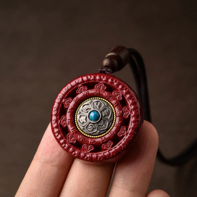 Buddha Stones Cinnabar Om Mani Padme Hum Blessing Rotatable Necklace Pendant Key Chain