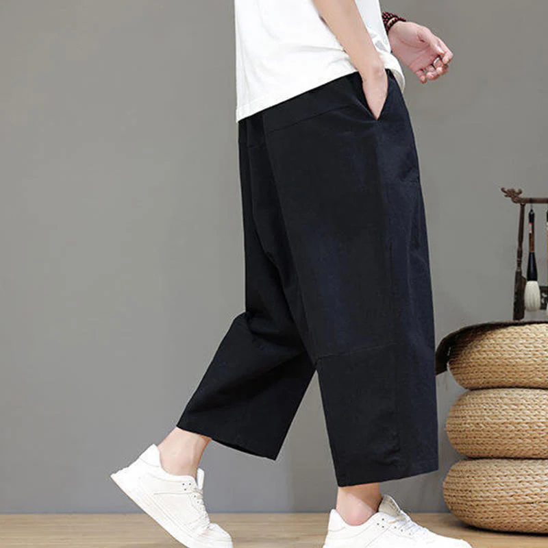 Buddha Stones Casual Plain Low Crotch Design Drawstring Men's Cotton Elastic Waistband Wide Leg Pants With Pockets