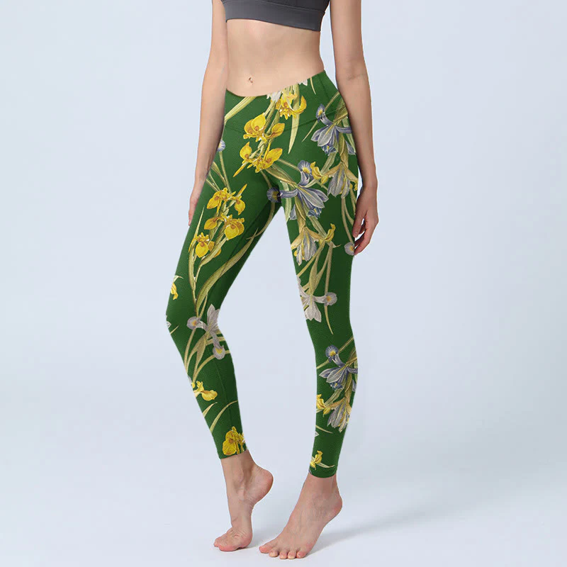 Buddha Stones Green Iris Pattern Print Gym Leggings Women's Yoga Pants
