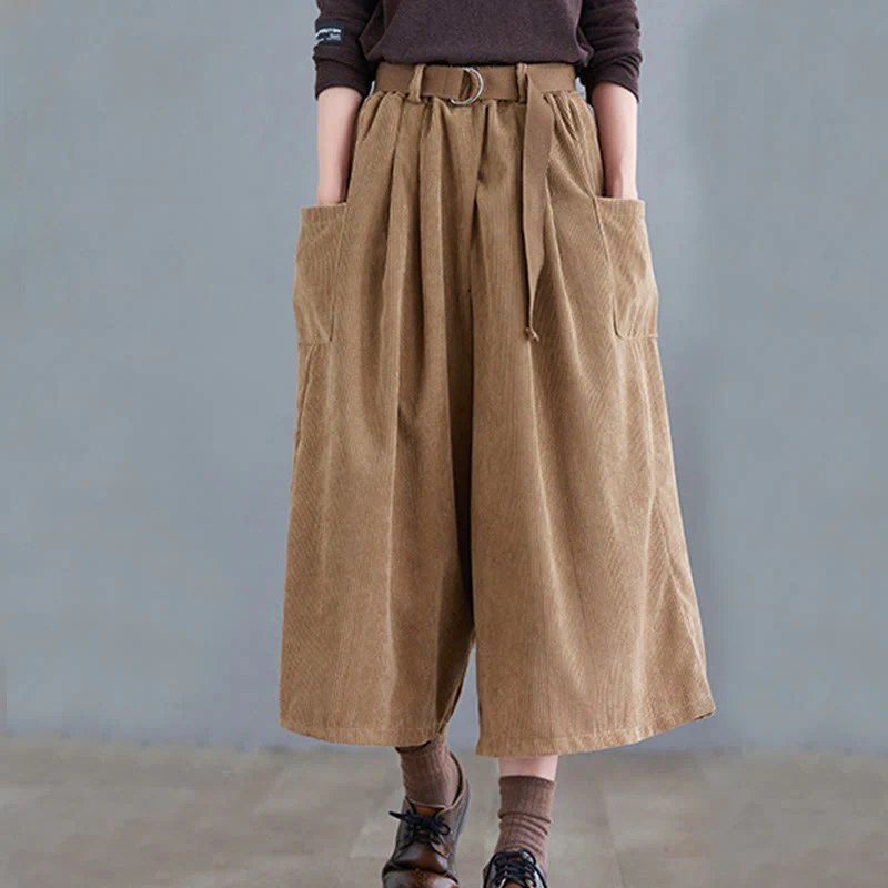Buddha Stones Retro Women's Wide Leg 7-8 Length Corduroy Cotton Pants With Pockets Belt