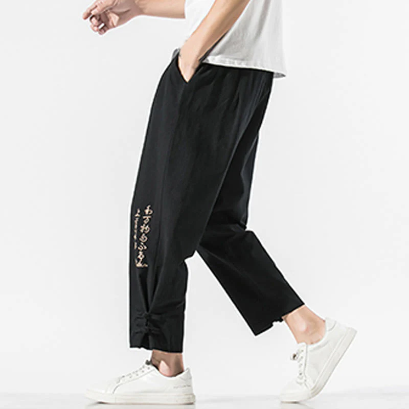 Buddha Stones Summer Chinese Characters Embroidery Men's Cotton Linen Pants With Pockets
