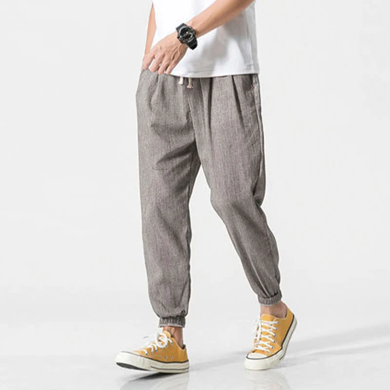 Buddha Stones Simple Drawstring Design Linen Men's Pants With Pockets