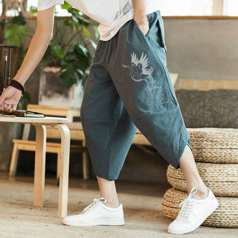Buddha Stones White Crane Clouds Embroidery Cotton Linen Men's 7-8 Length Harem Pants With Pockets