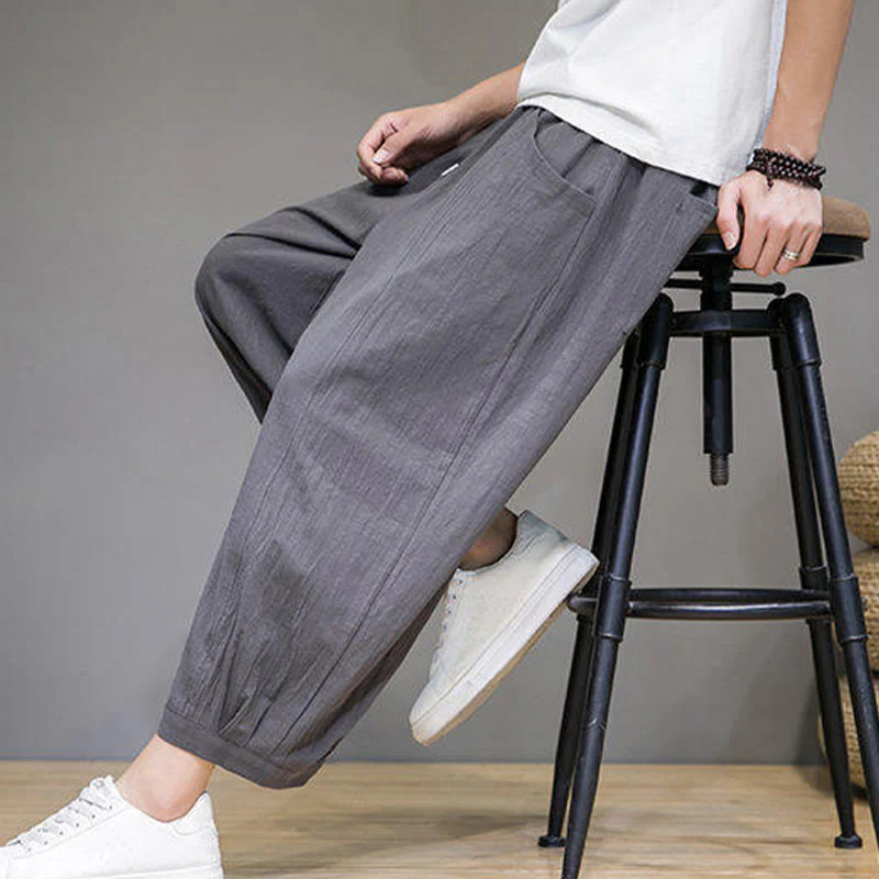 Buddha Stones Casual Plain Men's Cotton 7-8 Length Harem Pants With Pockets