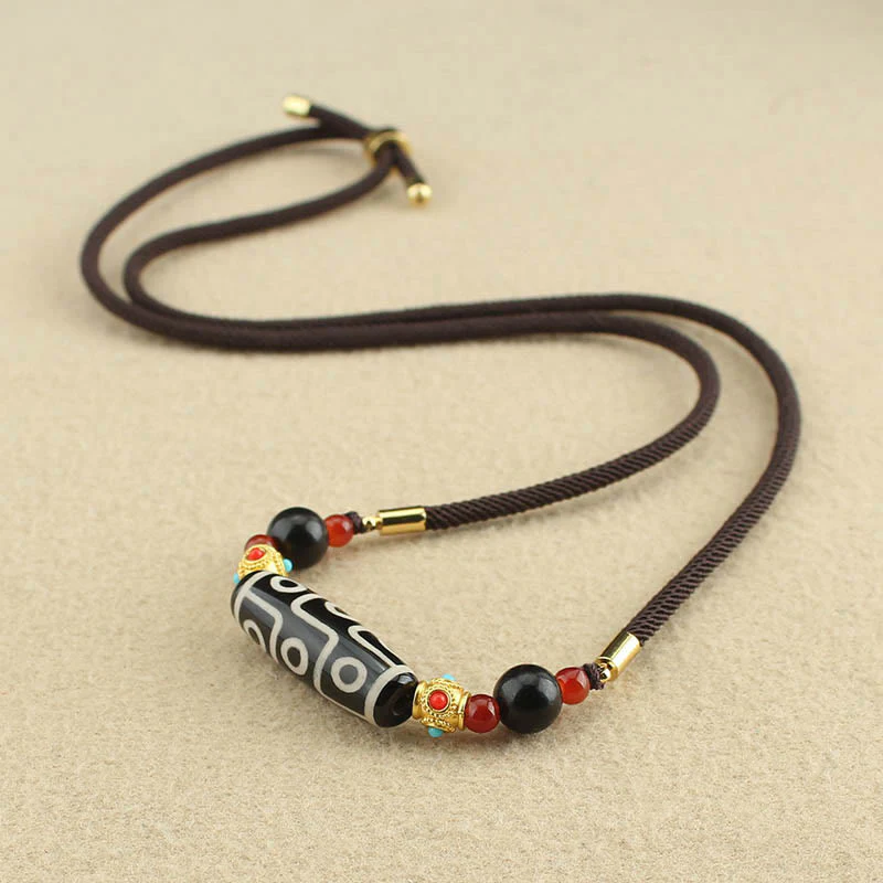 Buddha Stones Tibetan Nine-Eye Dzi Bead Protection Blessings String Necklace Pendant