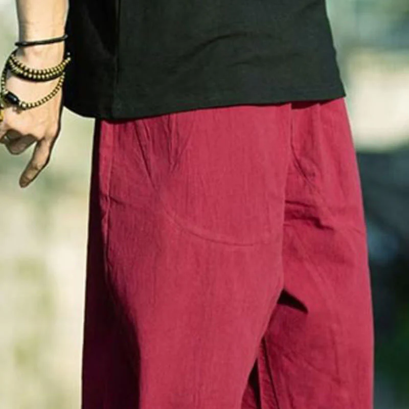 Buddha Stones Summer Plain Pleat Design Drawstring Men's 7-8 Length Cotton Linen Pants With Pockets