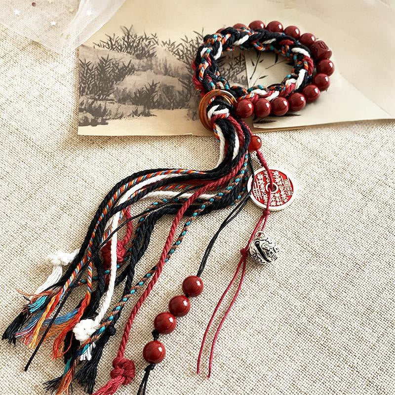 Buddha Stones Tibetan Mountain Ghosts Spend Money Cinnabar Double-Layer Red Rope Tassel Protection Bracelet