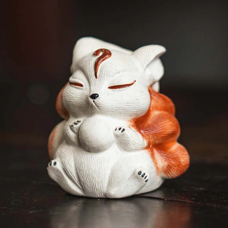 Buddha Stones Mini Nine Tailed Fox Purple Clay Luck Desk Decoration