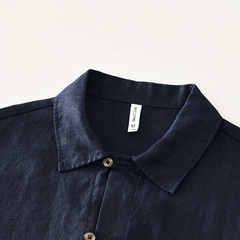 Buddha Stones Solid Summer Short Sleeve Buttons Linen Men's Shirt With Pockets