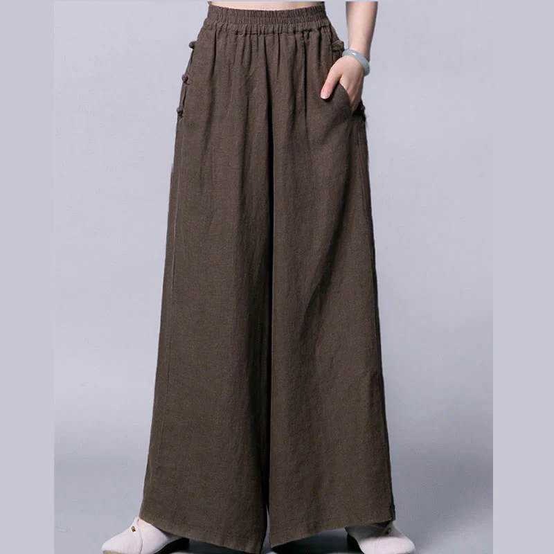 Buddha Stones Casual Cotton Frog-Button High Waist Wide Leg Pants With Pockets