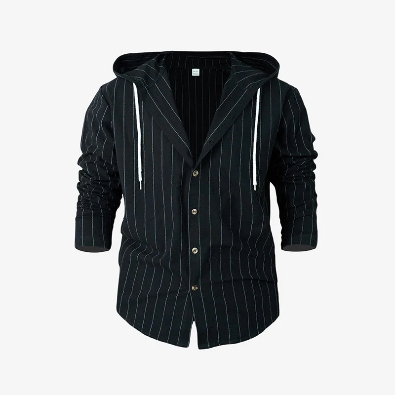 Buddha Stones Solid Long Sleeve Hooded Stripes Drawstring Buttons Linen Men's Shirt
