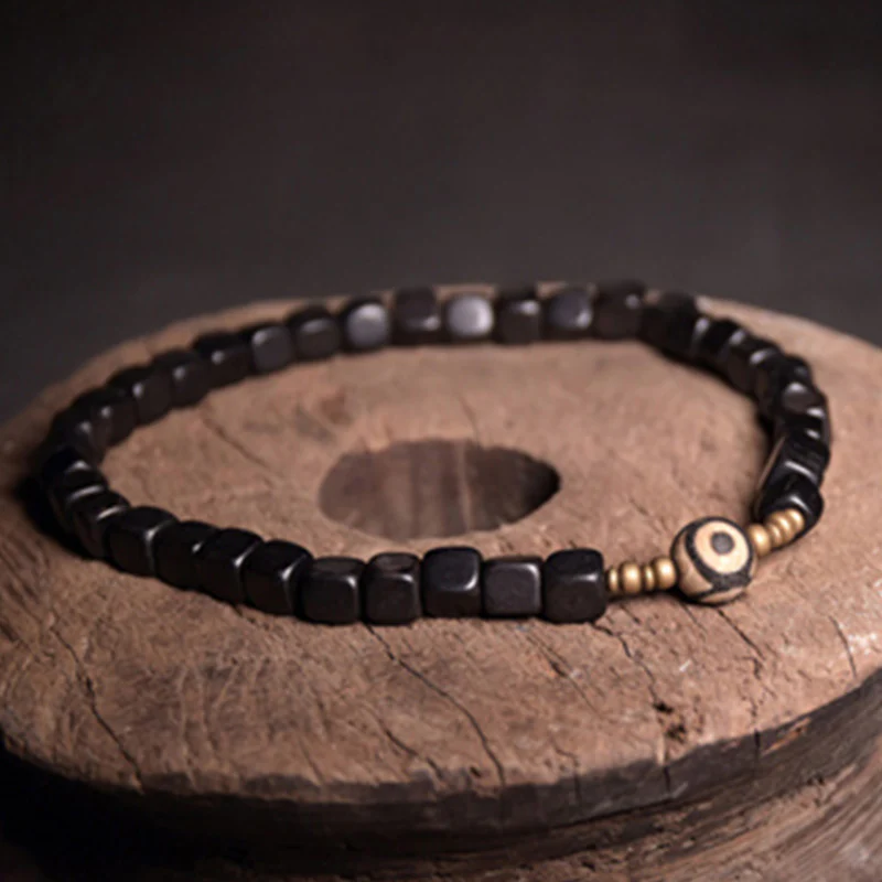 Buddha Stones Ebony Wood Dzi Bead Copper Peace Couple Bracelet