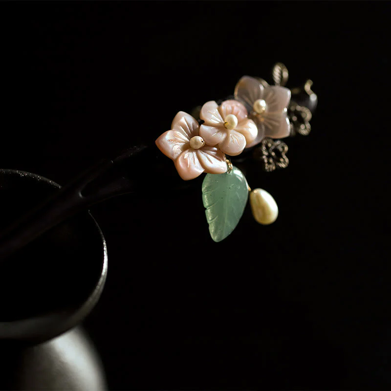 Buddha Stones Ebony Shell Flower Leaves Blessing Hairpin