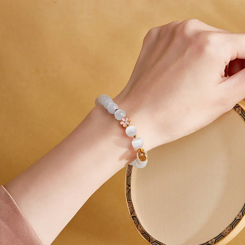 Buddha Stones 925 Sterling Silver Natural Peach Blossom White Cat's Eye Positive Bracelet