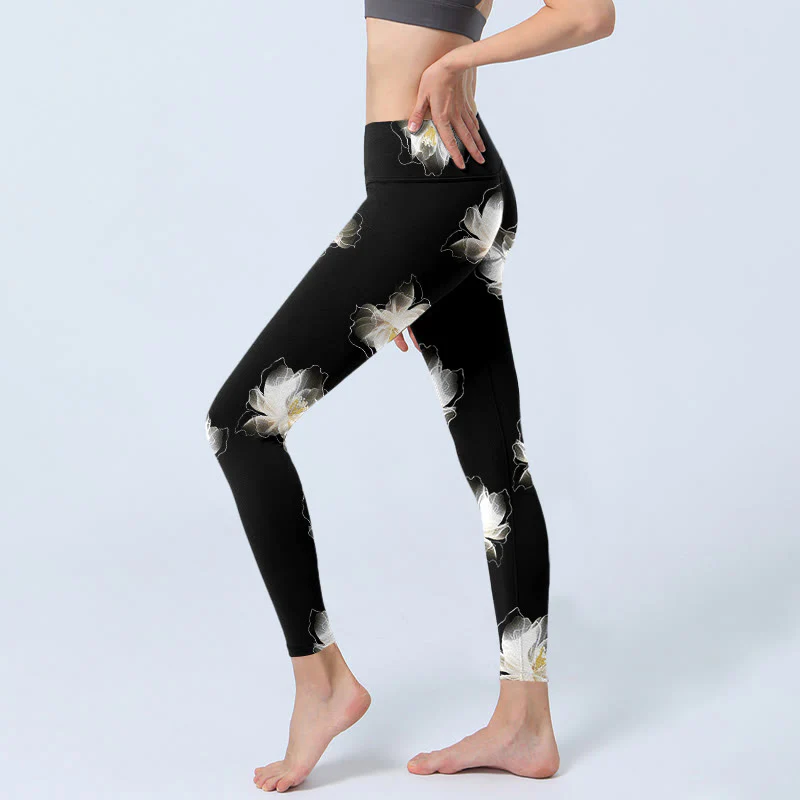 Buddha Stones Black White Lotus Petals Pattern Print Gym Leggings Women's Yoga Pants