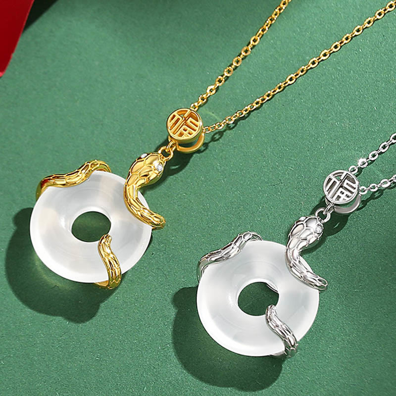 Buddha Stones Chalcedony Peace Buckle 925 Sterling Silver Fu Character Year Of The Snake Positive Necklace Pendant