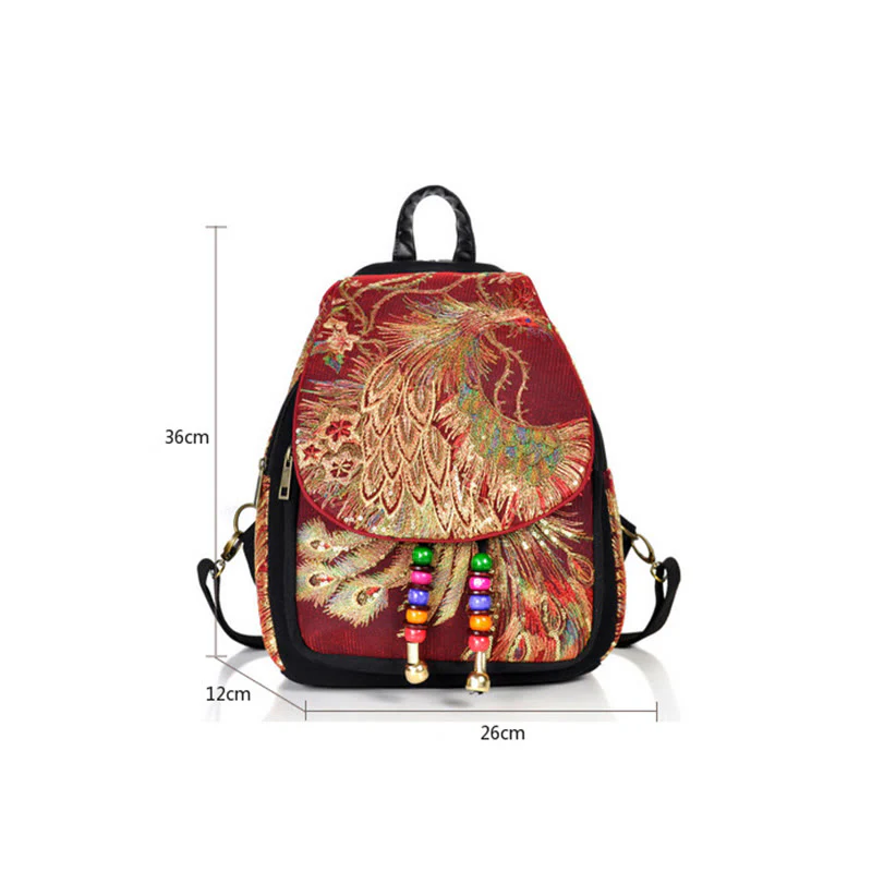 Buddha Stones Peacock Embroidery Canvas Tassel Backpack