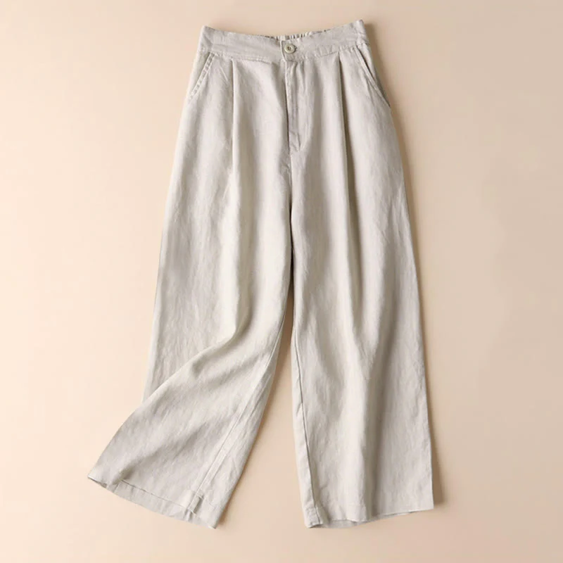 Buddha Stones Commute Solid Color Drawstring 7-8 Length Cotton Linen Women's Wide Leg Pants With Pockets