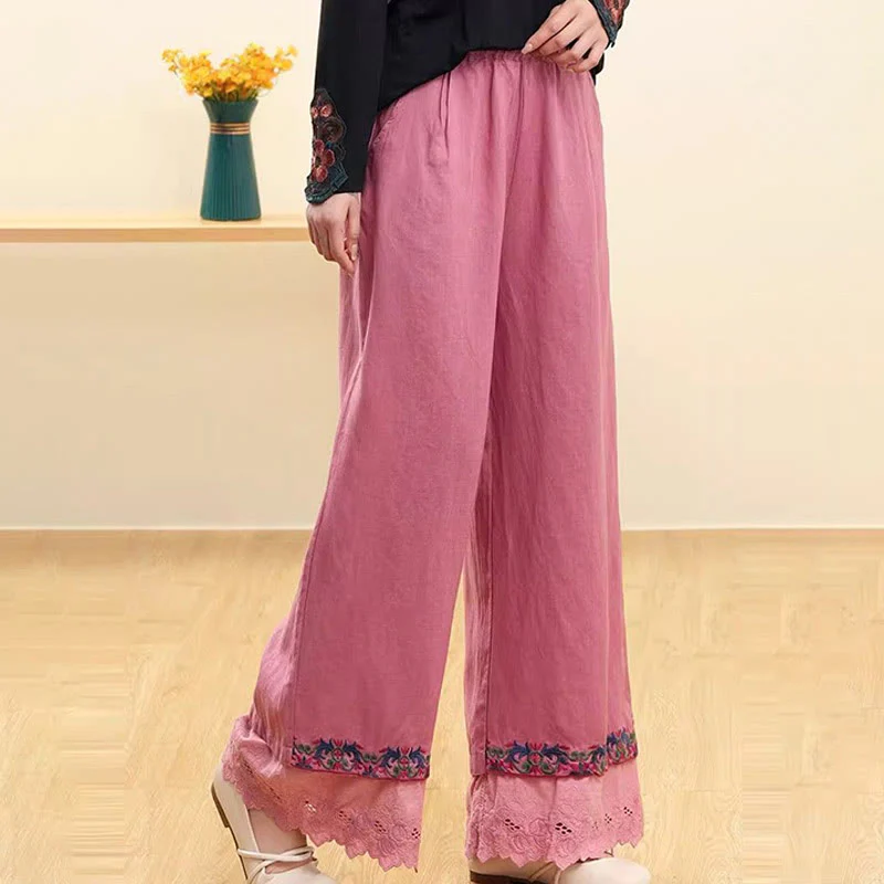 Buddha Stones Casual Embroidered Lace Cotton Linen Women's Wide Leg Pants With Pockets