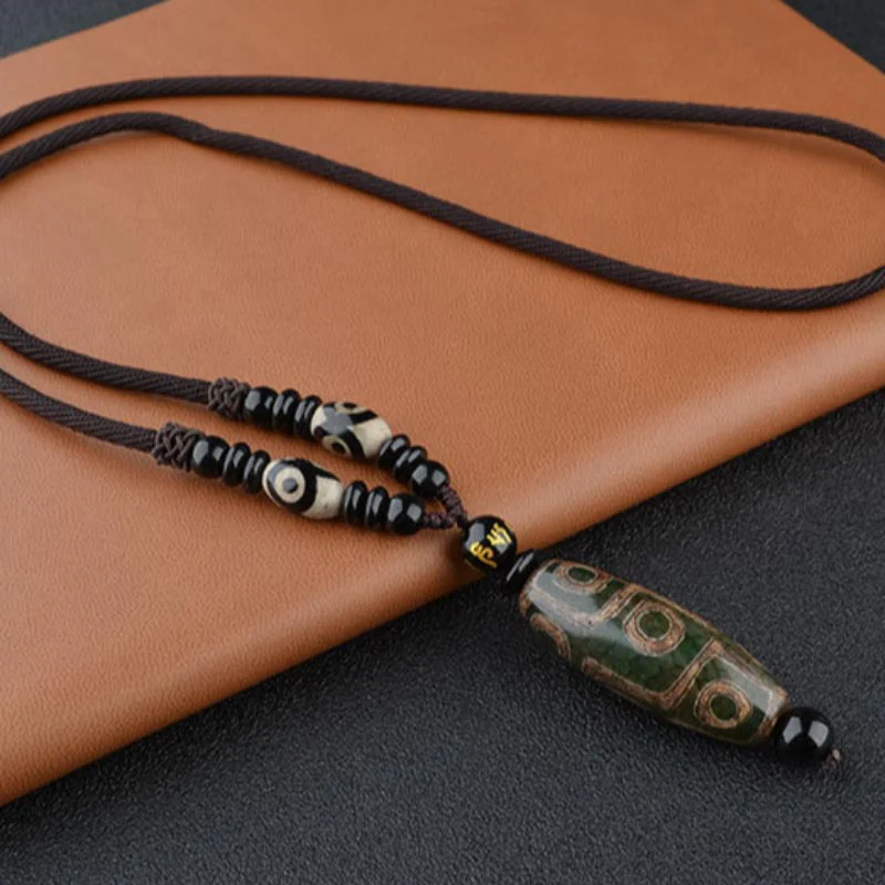 Buddha Stones Nine-Eye Dzi Bead Wealth Protection Necklace