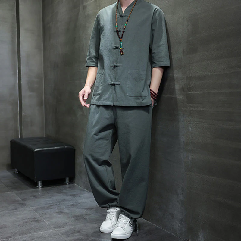 Buddha Stones 2Pcs Tang Suit Frog-Button Design Shirt Pants With Pockets Men's Cotton Linen Meditation Cloth Set