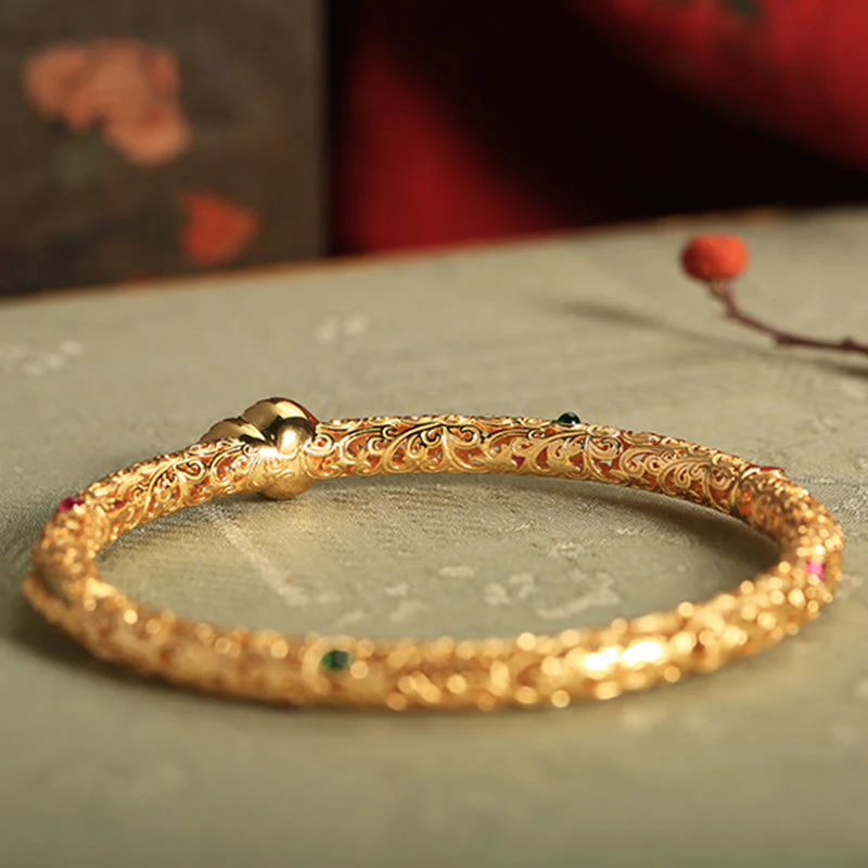 Buddha Stones Cyan Jade Copper Plated Gold Auspicious Clouds Gourd Luck Bracelet Bangle