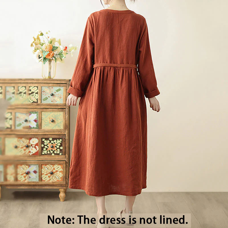 Buddha Stones Vintage OrangeRed Lace-Up Design Long Sleeve Cotton Midi Dress With Pockets